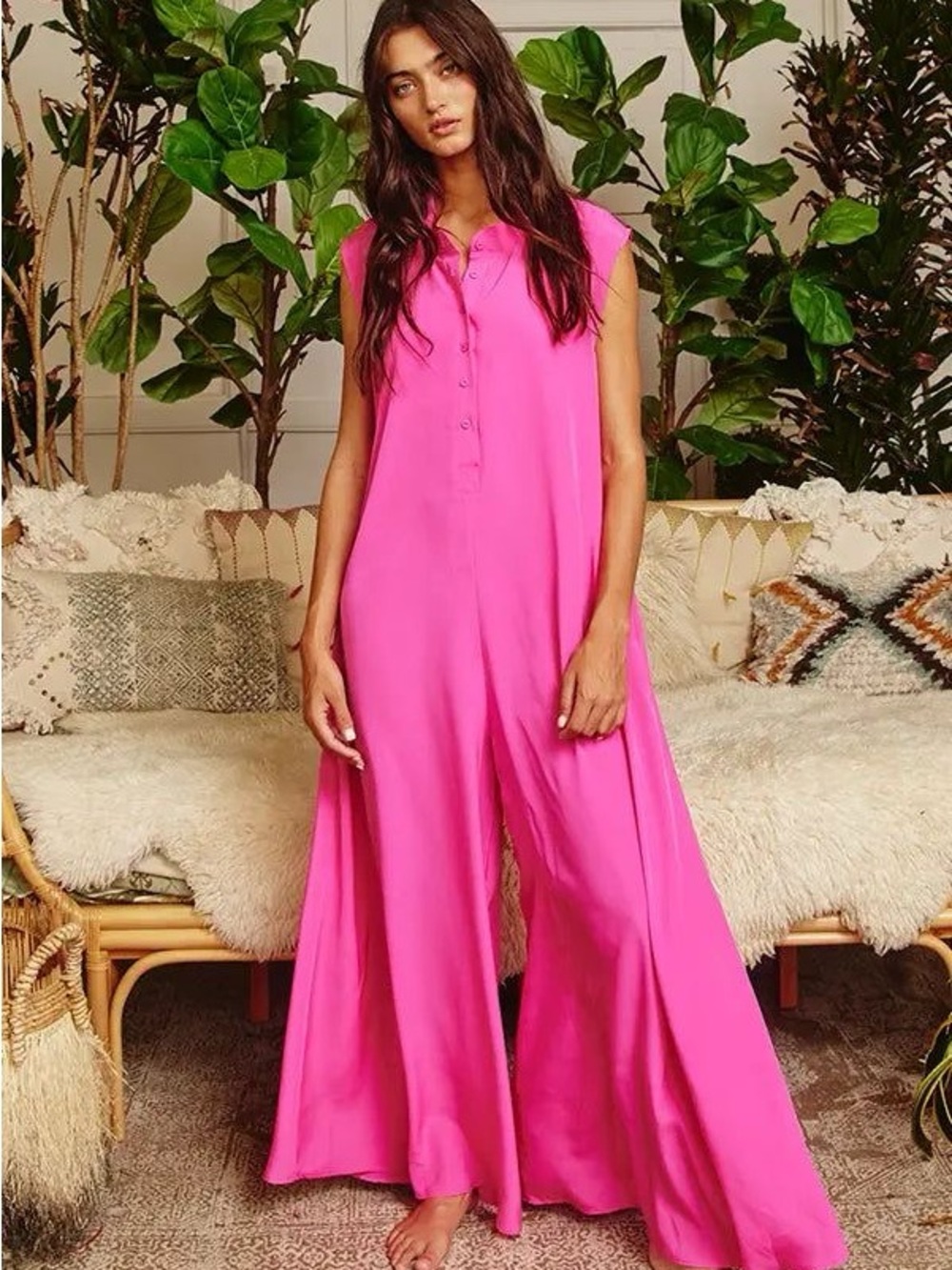 BUCKETLIST Sleeveless Maxi Shirt Dress in Fuchsia